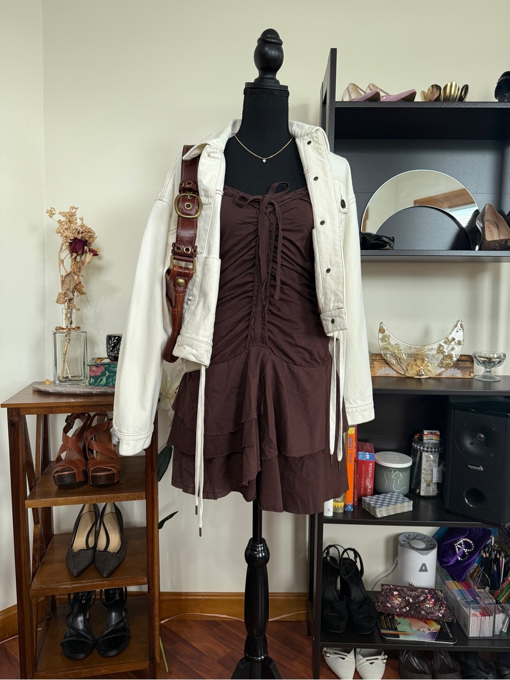 Dark Brown Cotton Drop Waist Frayed Hem Mini Dress